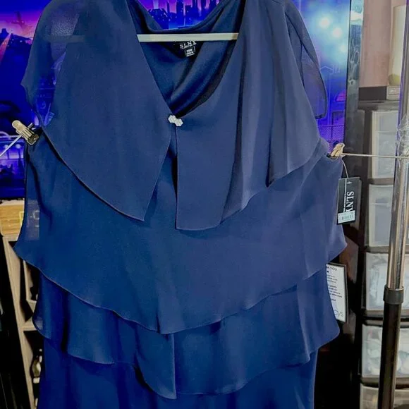NWT SLNY Fashions Sleeveless Tiered Chiffon Dress, Navy Blue, SIZE 20W - Picture 3 of 10